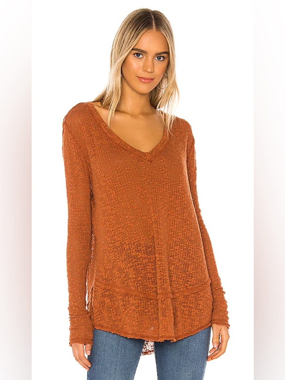 Free People Ocean Air Hacci Copper / Rust 100% Cotton L/S Oversized Tunic Boho